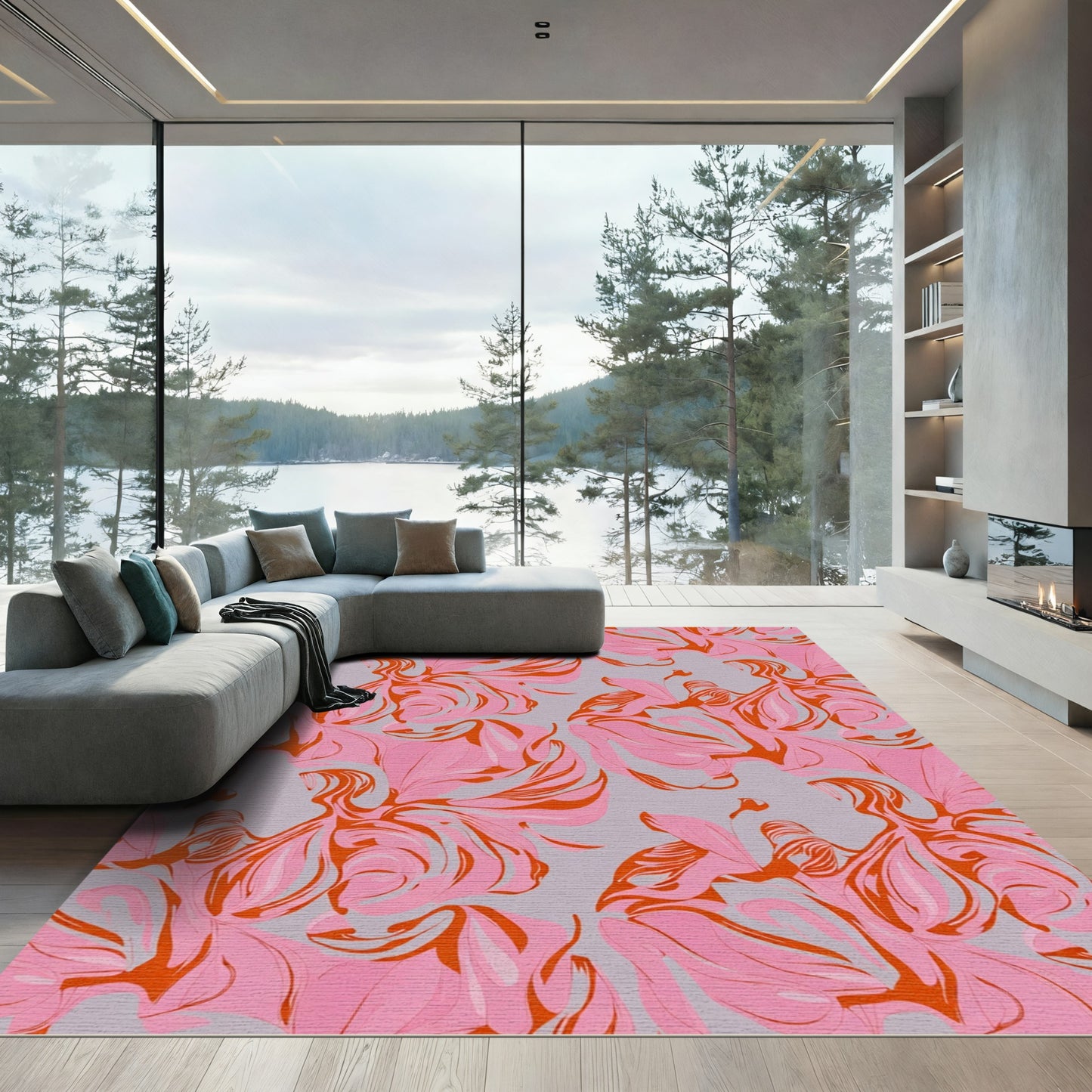 Crimson Pink Swirling Petal Arrangement Rug