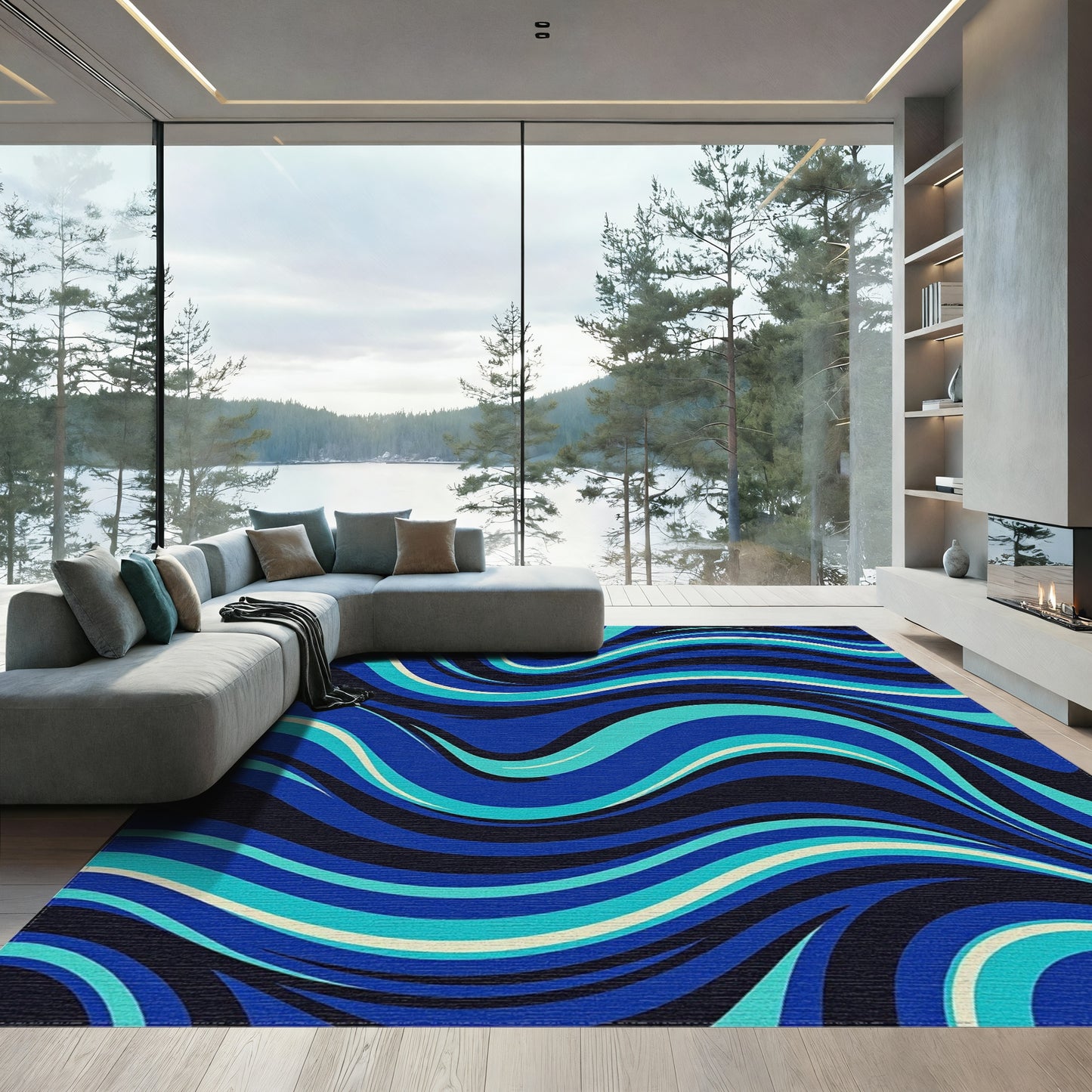 Navy Teal Wavy Abstract Rug