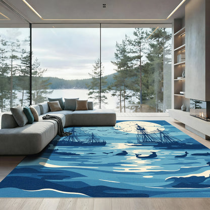 Deep Blue Nautical Tall Ship Moonscape Rug