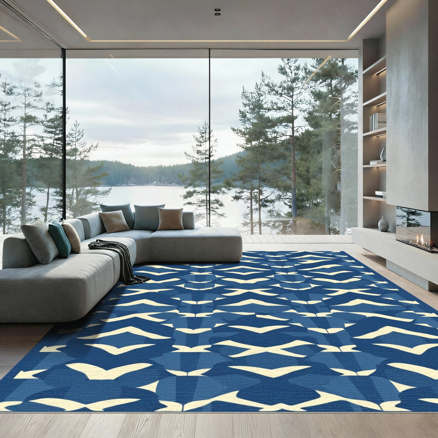 Deep Blue Geometric Chevron Array Rug
