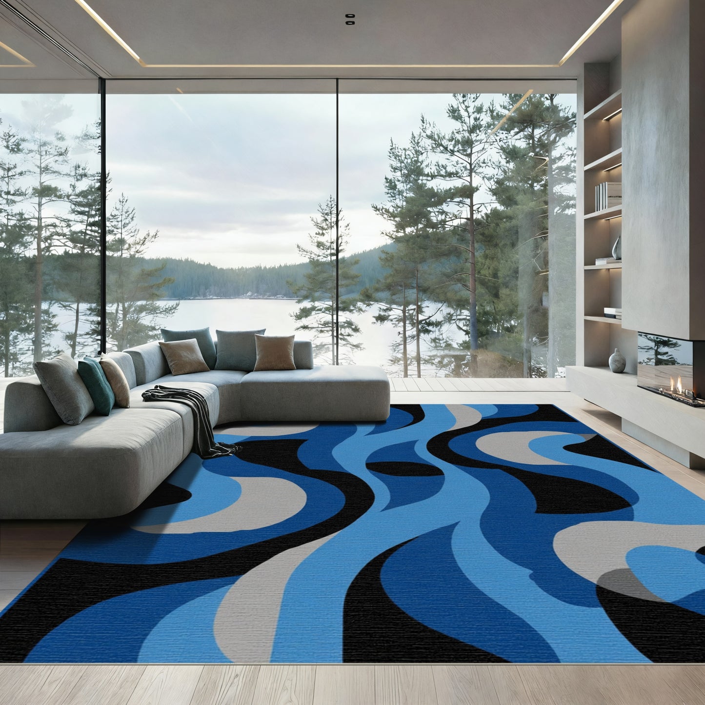 Blue Gray Abstract Organic Swirls Rug
