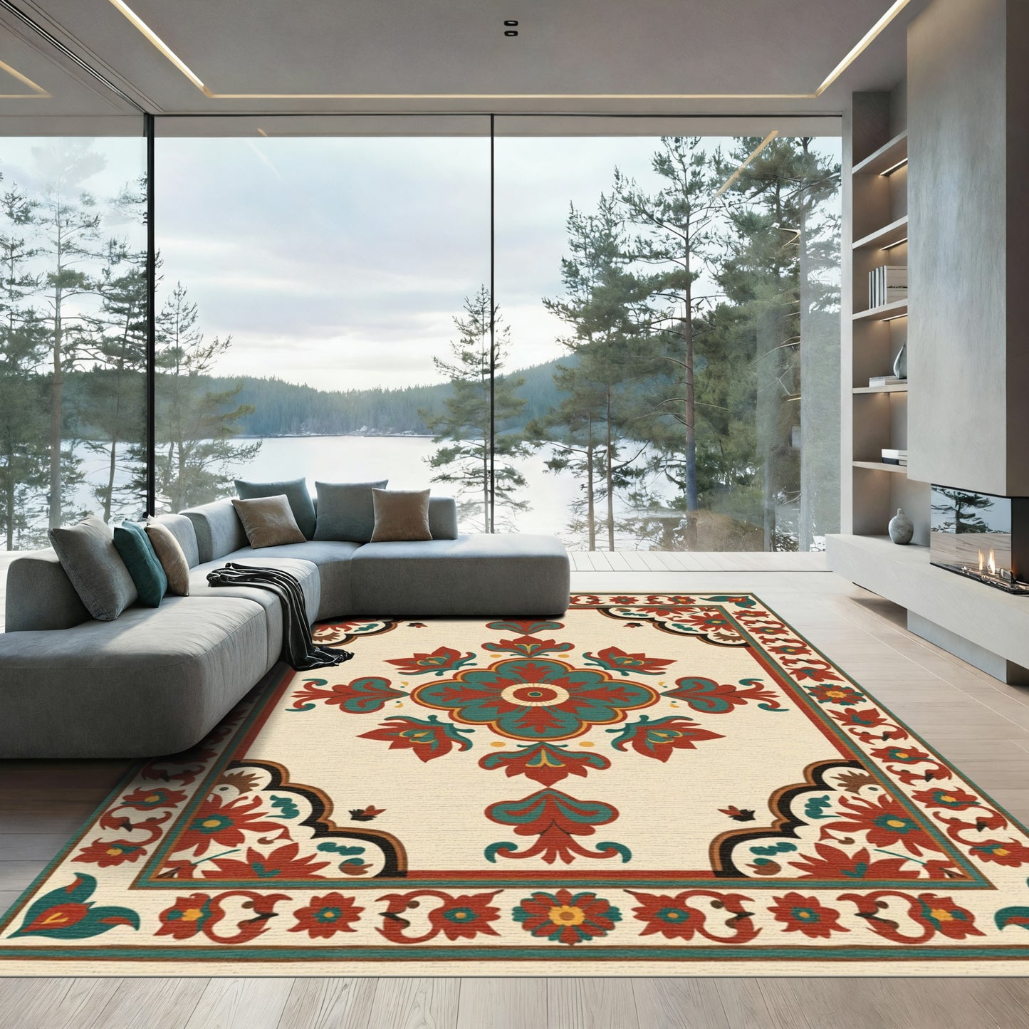 Crimson Teal Floral Quadrant Medallion Rug