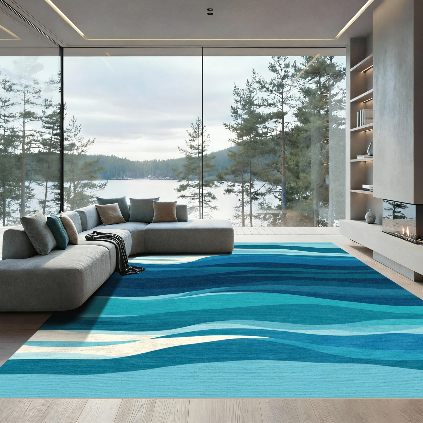 Abstract Ocean Waves Blue Rug