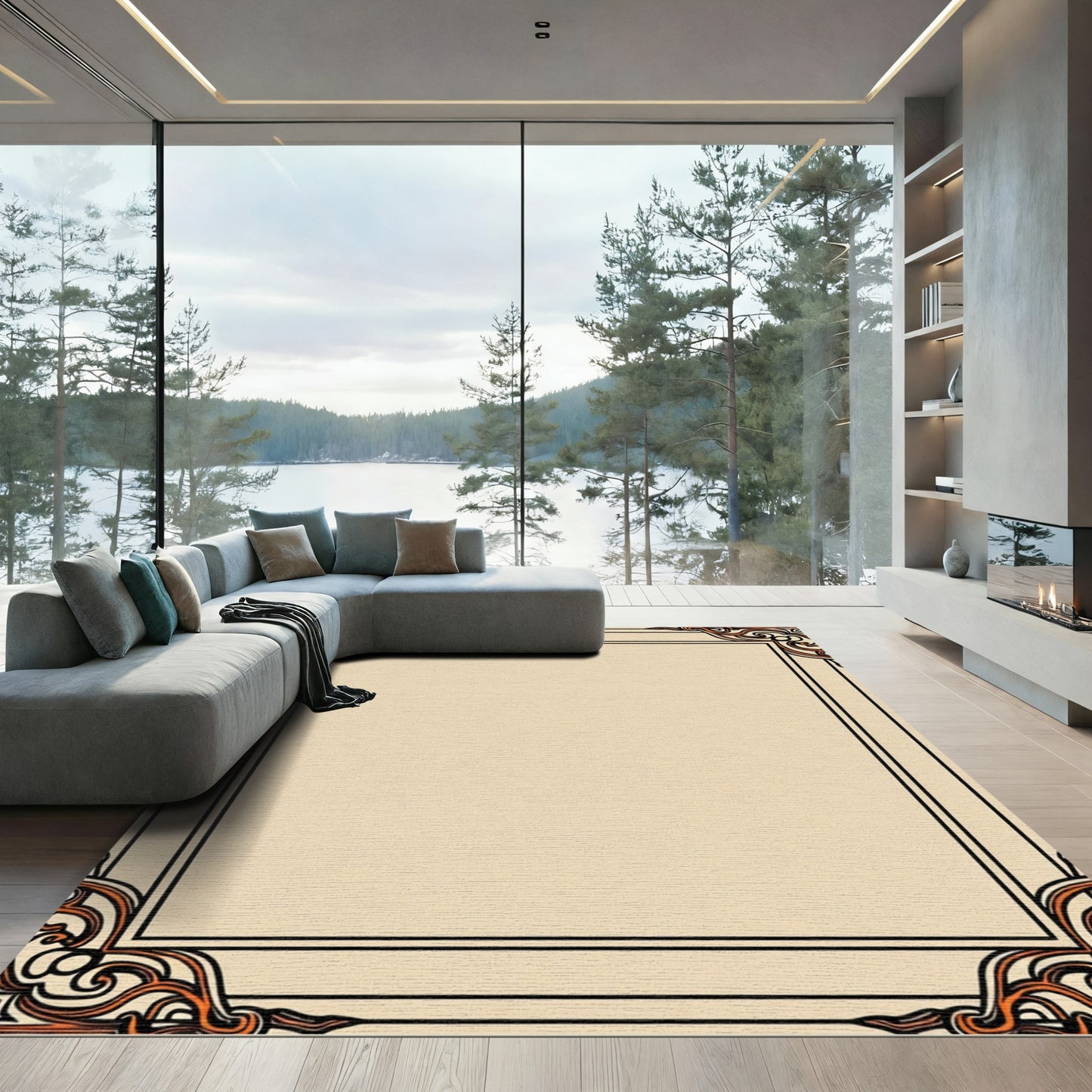Cream Orange Swirls Border Rug