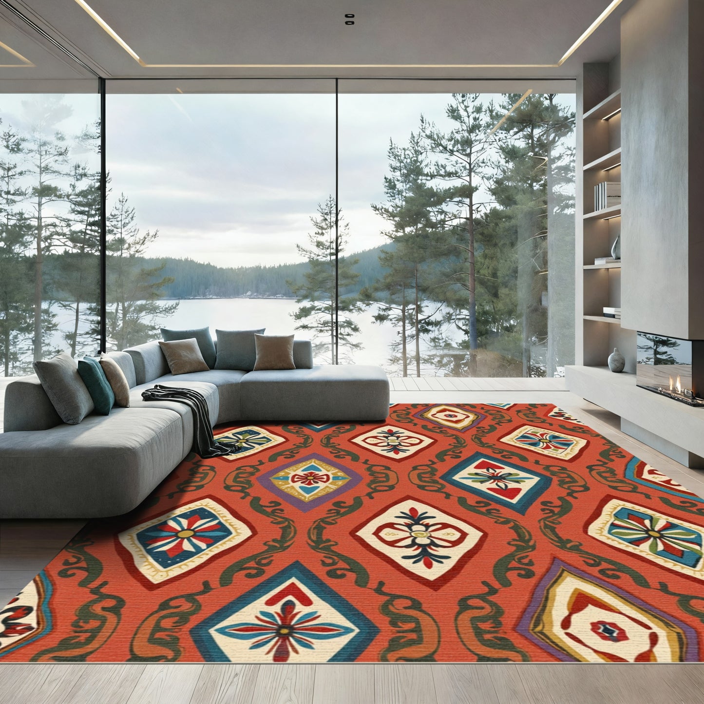 Terracotta Crimson Diamond Floral Rococo Rug
