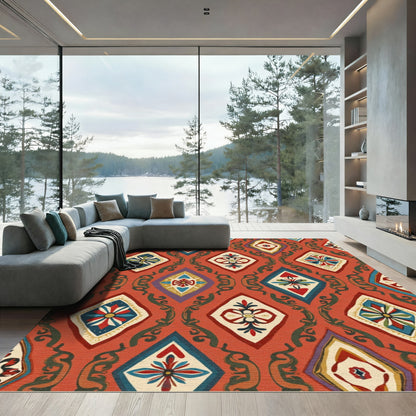 Terracotta Crimson Diamond Floral Rococo Rug