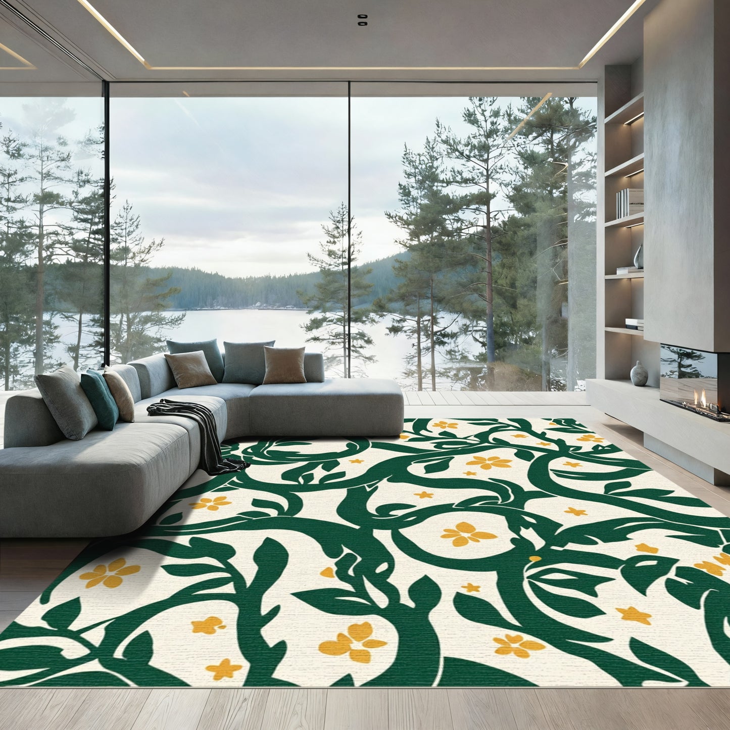 Emerald Green Floral Vine Art Rug