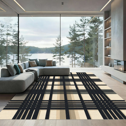 Dark Blue Beige Plaid Tartan Rug