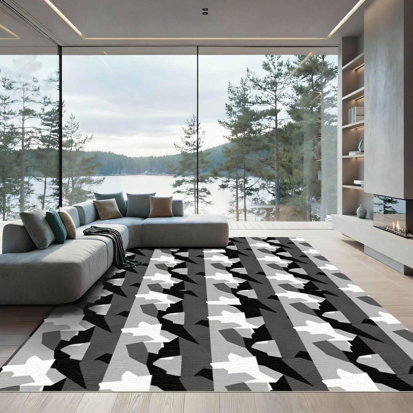 Modern Grey Geometric Stripe Rug