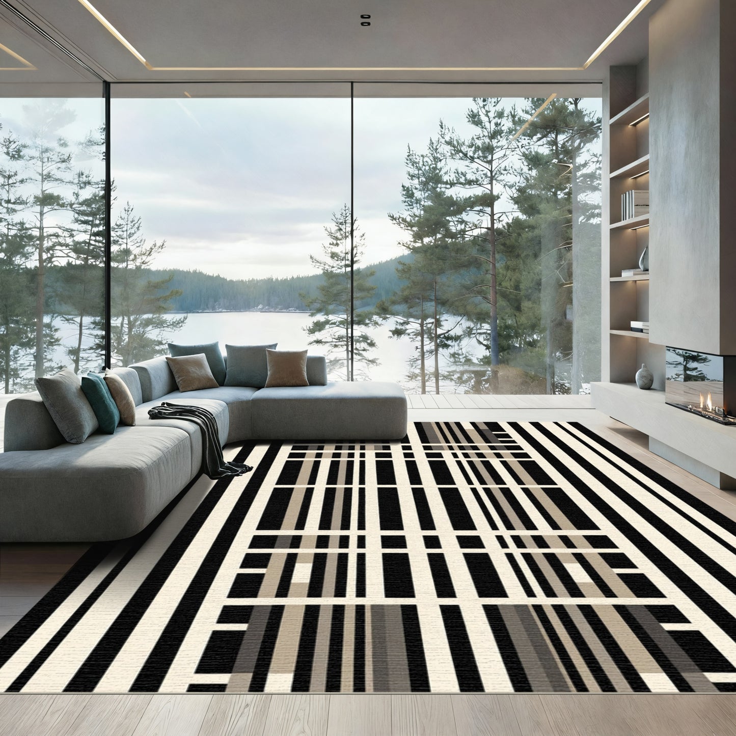 Modern Black Beige Grid Stripe Rug