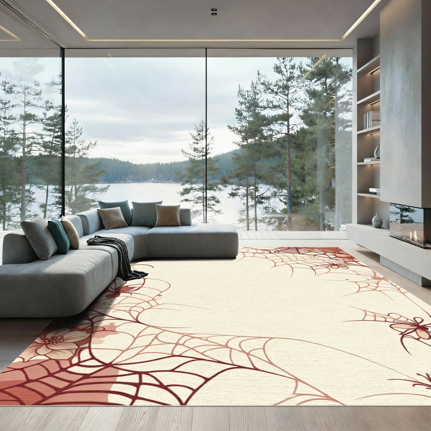 Crimson Spider Web Floral Border Rug