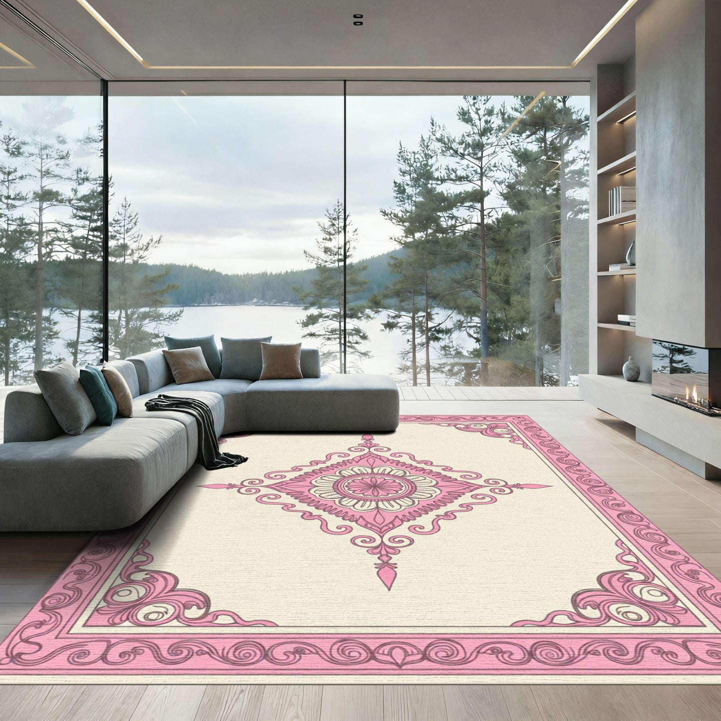 Pink Floral Medallion Frame Rug