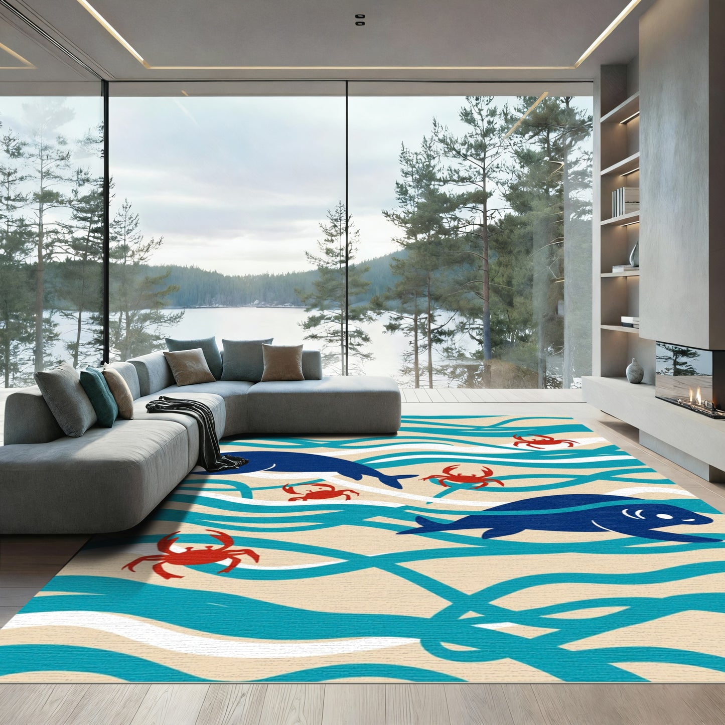 Whimsical Blue Seals Red Crabs Waves Rug