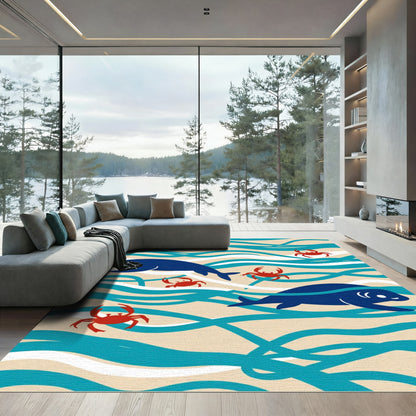 Whimsical Blue Seals Red Crabs Waves Rug