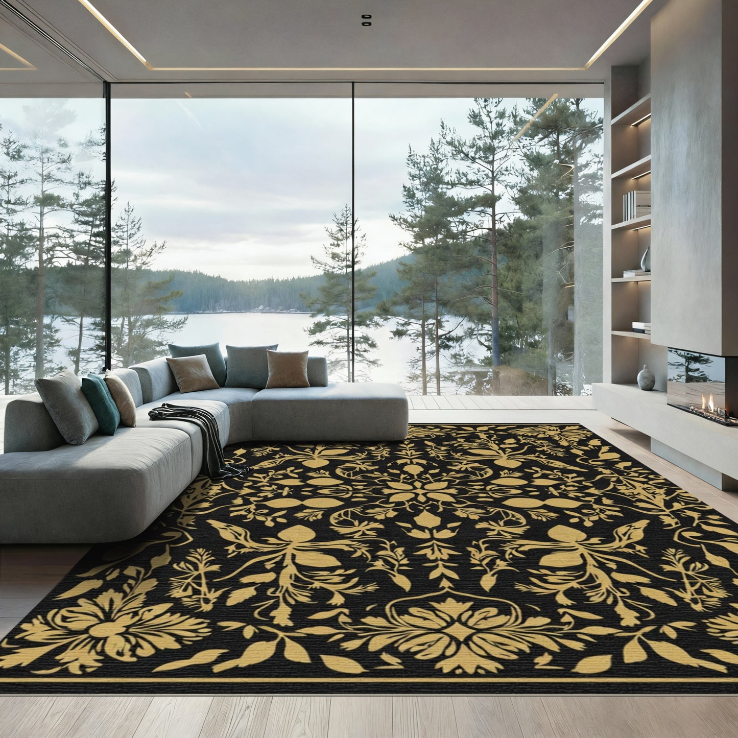 Ouroboros Gold Floral Damask Rug