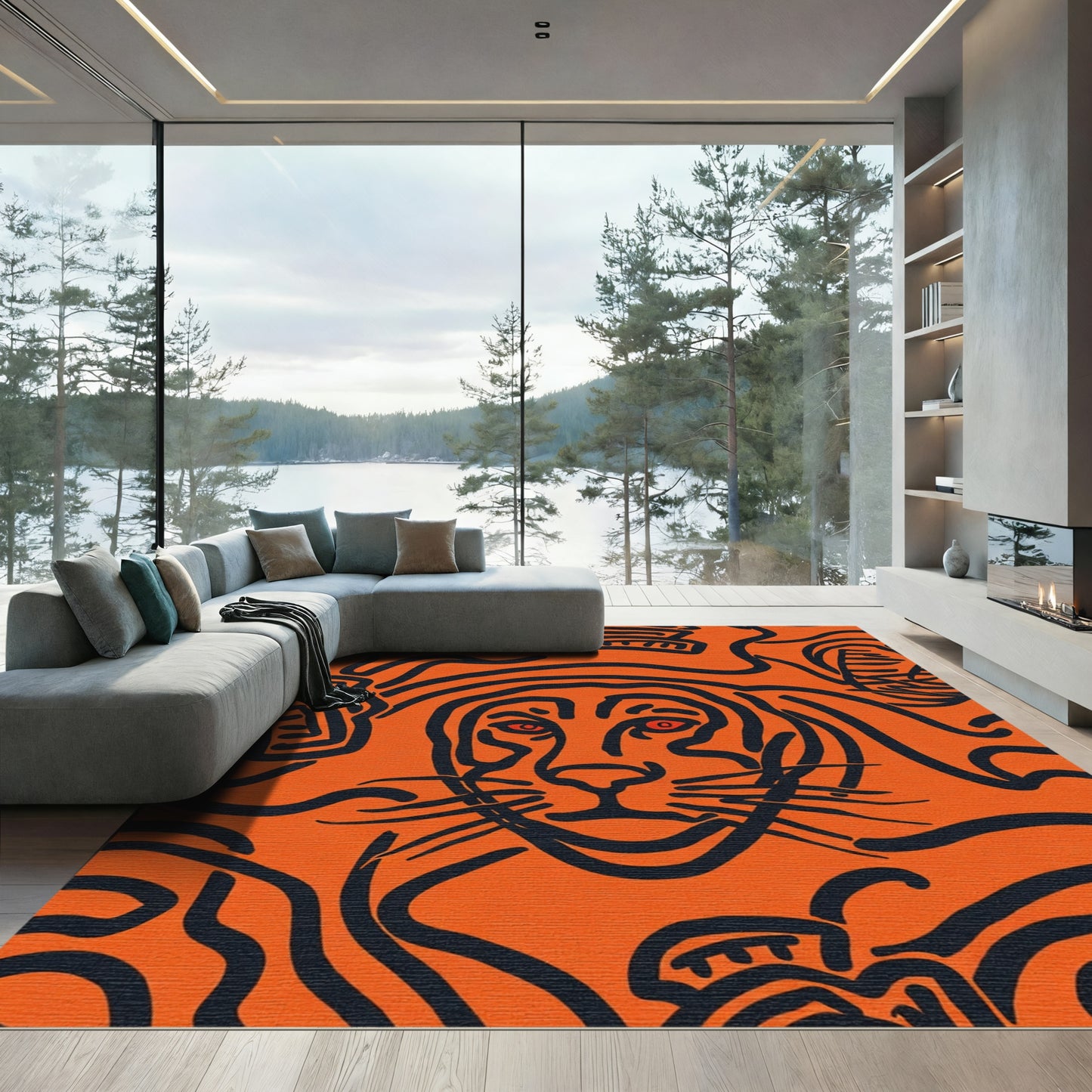 Bold Orange Black Feline Portrait Rug