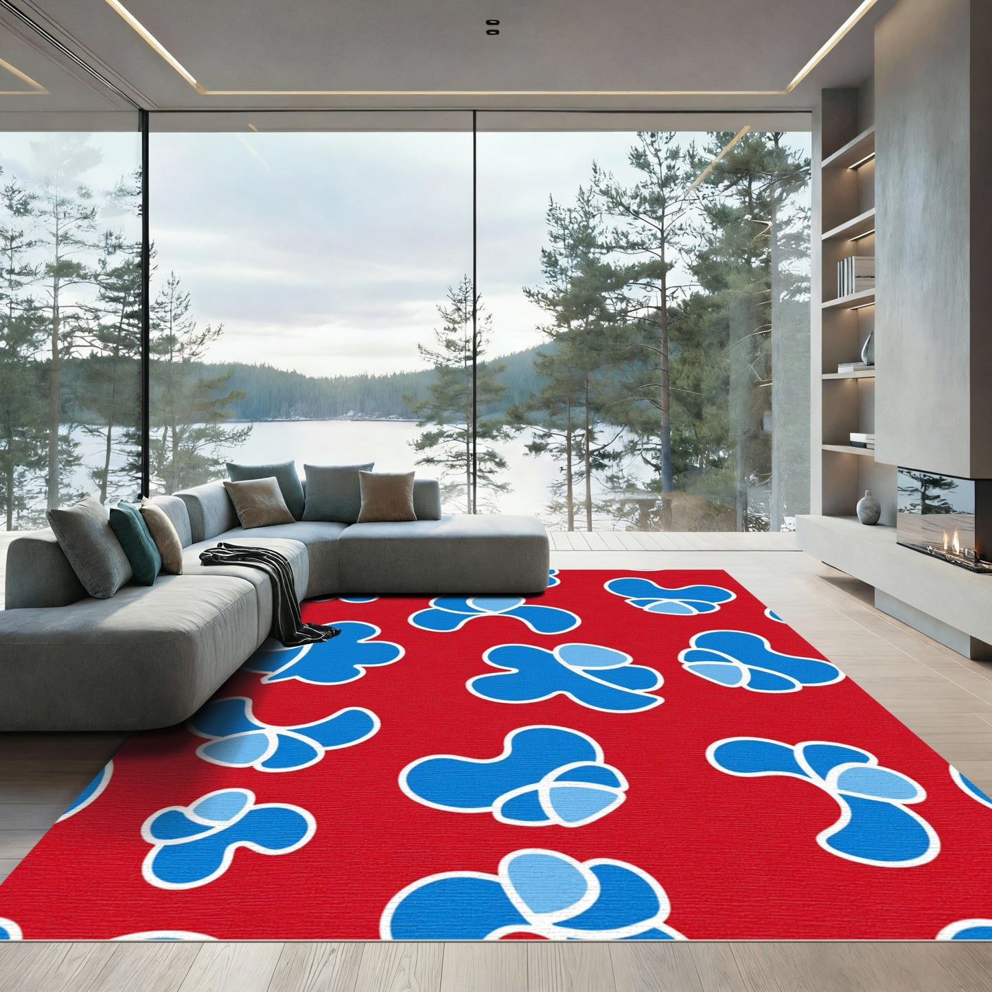 Crimson Blue Abstract Blossom Rug
