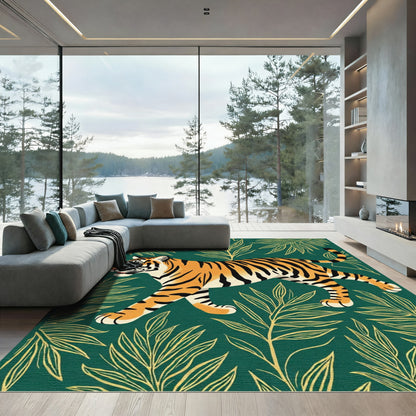 Bold Orange Tiger Green Leafy Jungle Rug