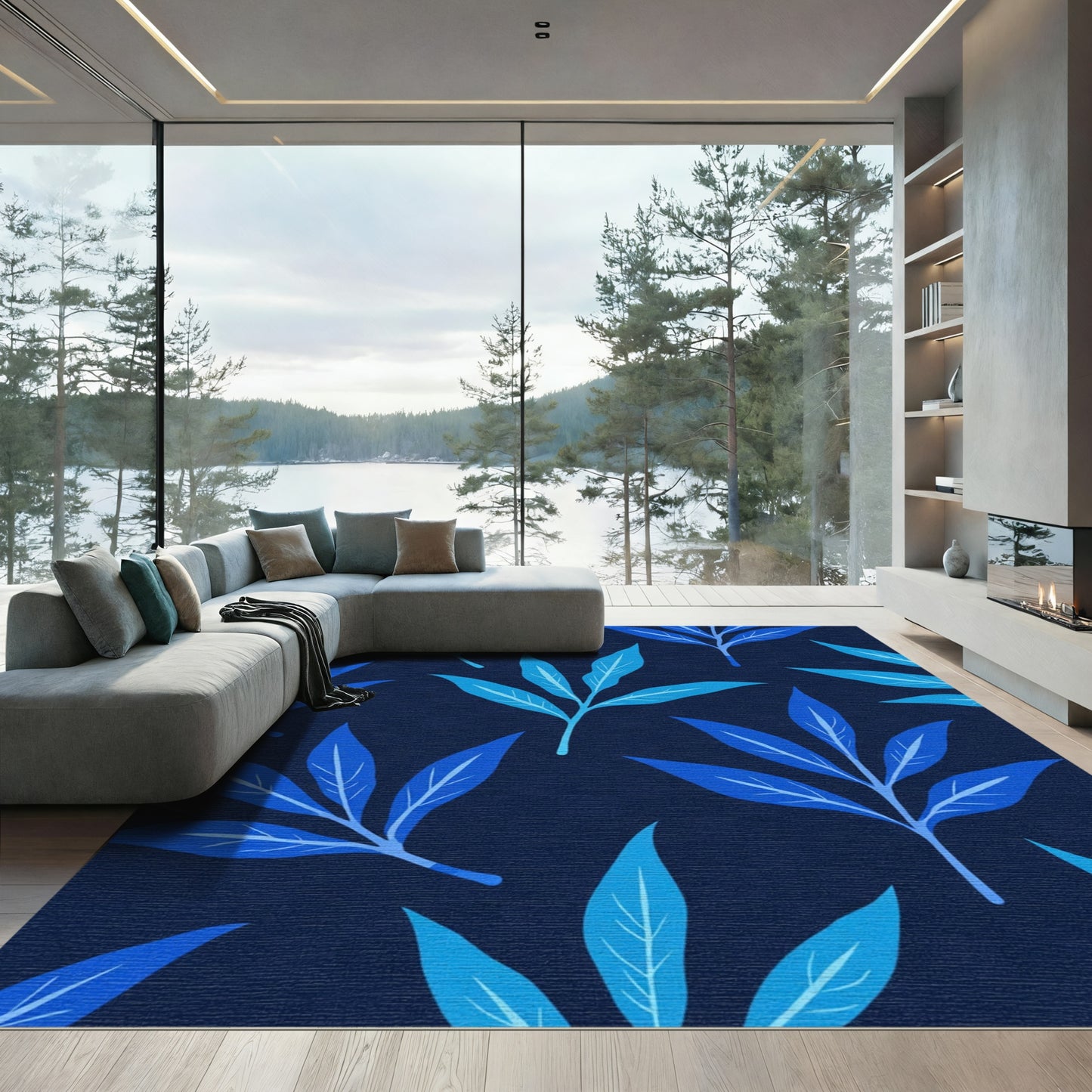 Deep Blue Foliage Branch Arrangement Rug