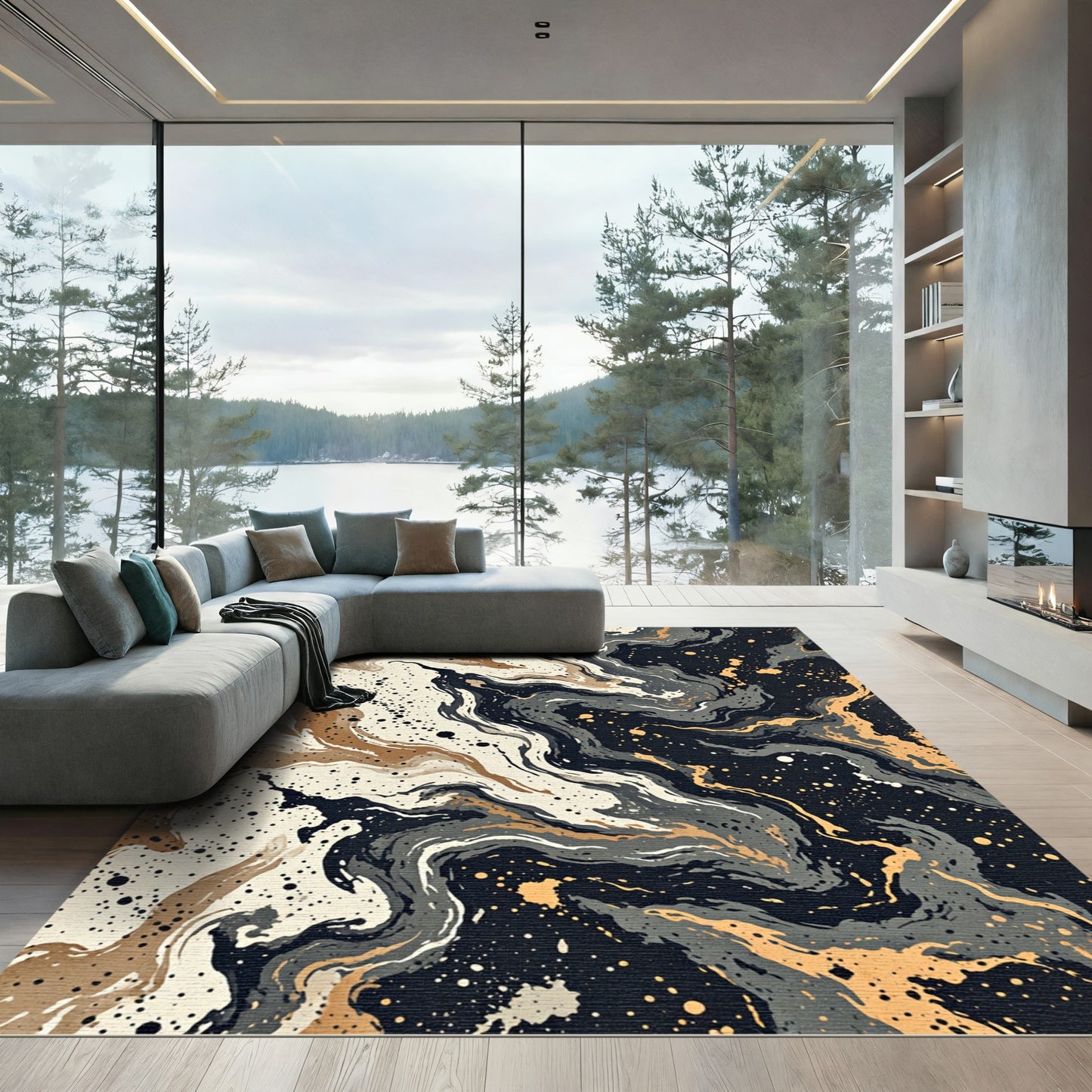 Abstract Beige Black Marble Swirl Accents Rug