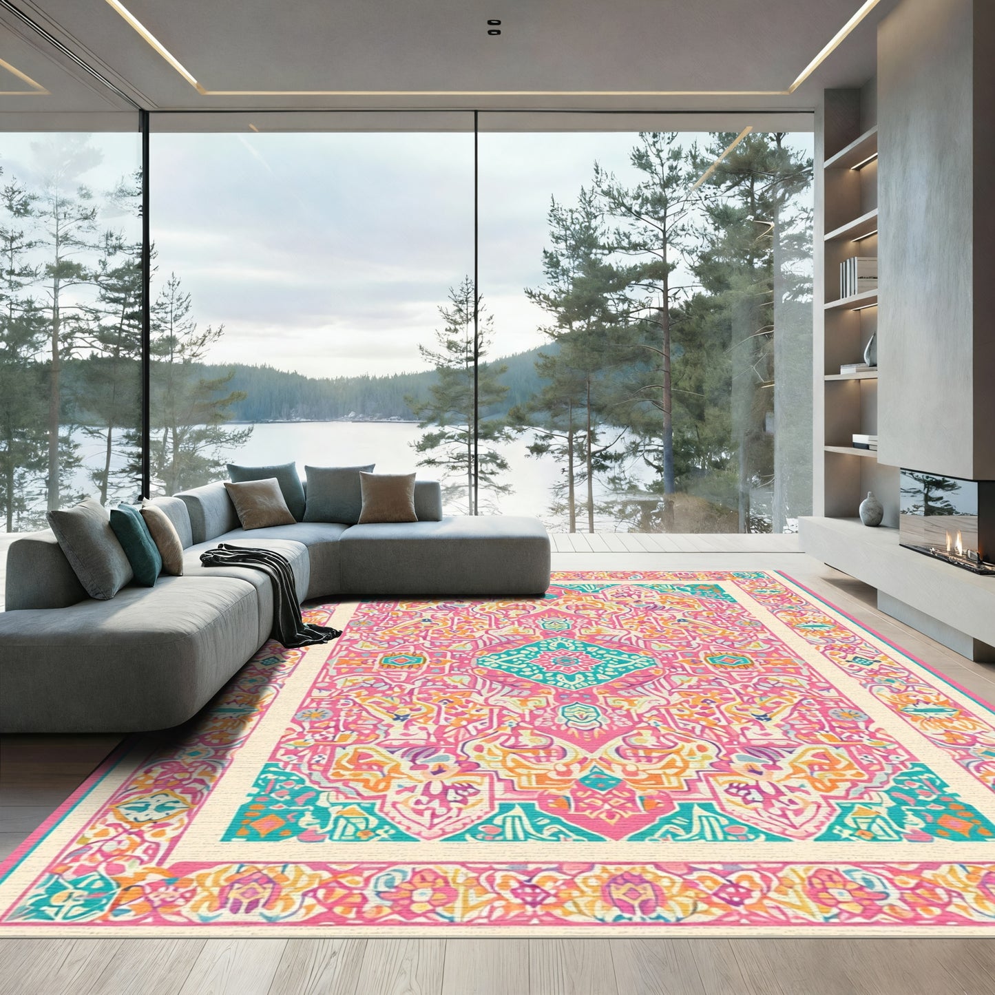 Vibrant Pink Teal Mandala Medallion Rug