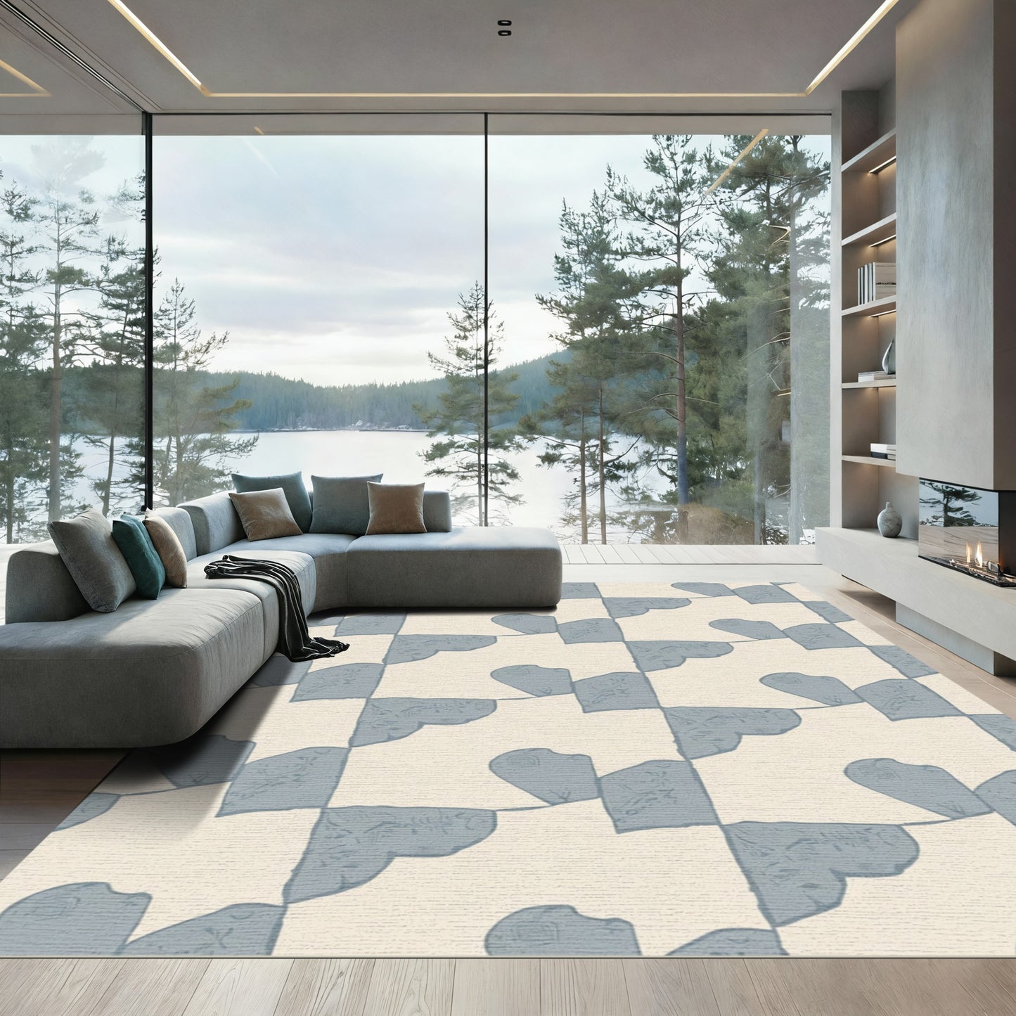 Dusty Blue Abstract Heart Checkerboard Rug