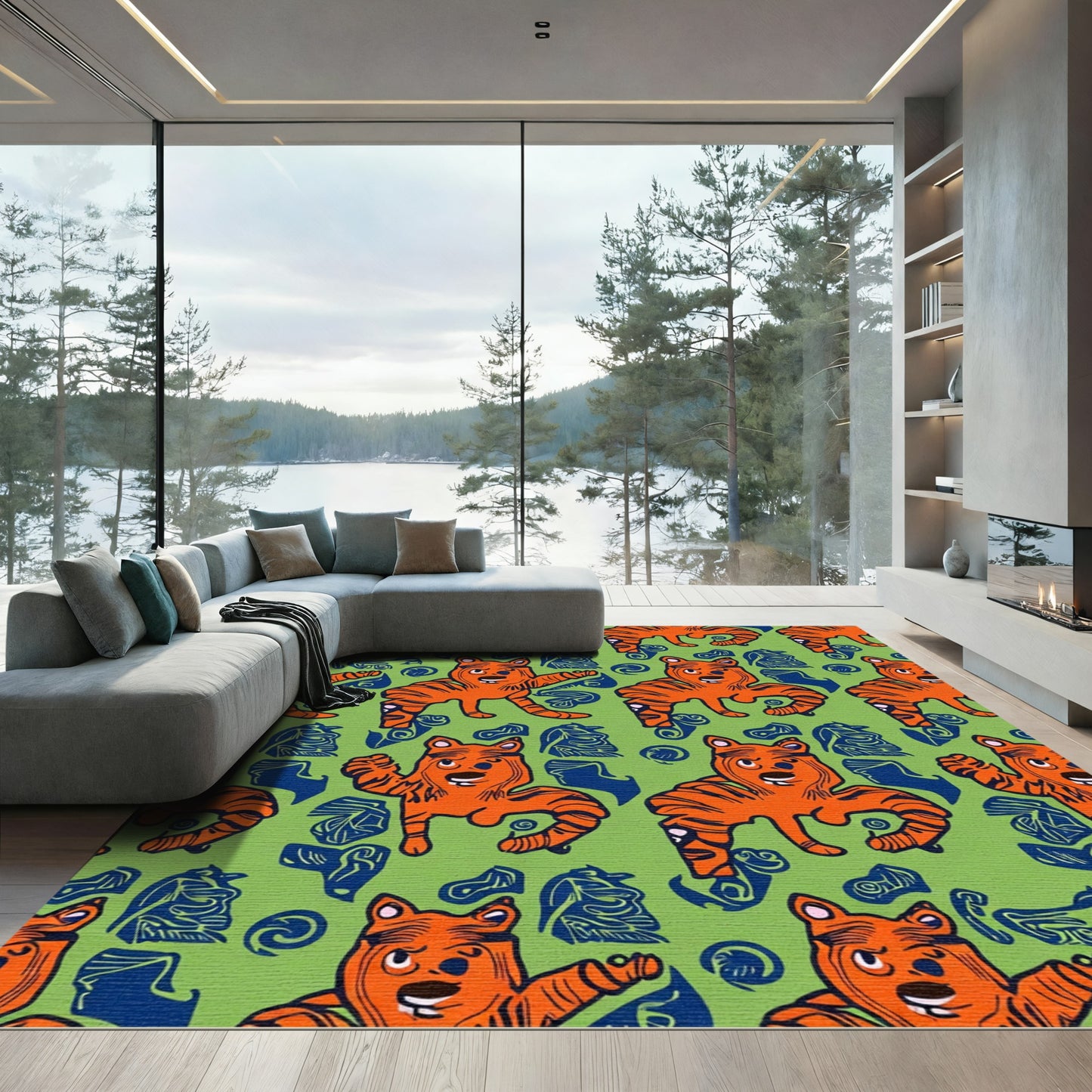 Cartoon Orange Tigers Green Navy Background Rug