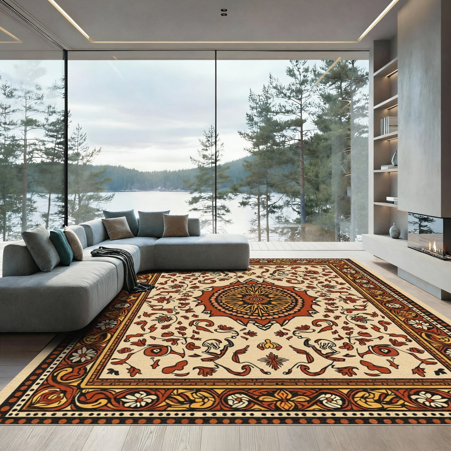 Rich Terracotta Floral Medallion Border Rug
