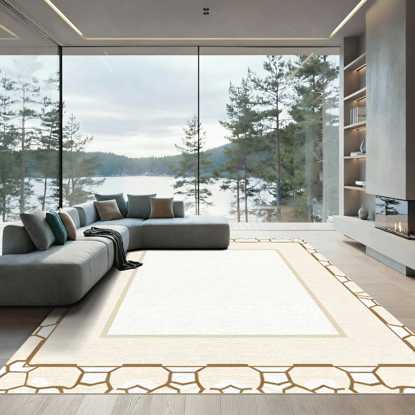 Cream And Gold Geometric Border Rug