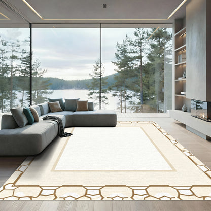 Cream And Gold Geometric Border Rug