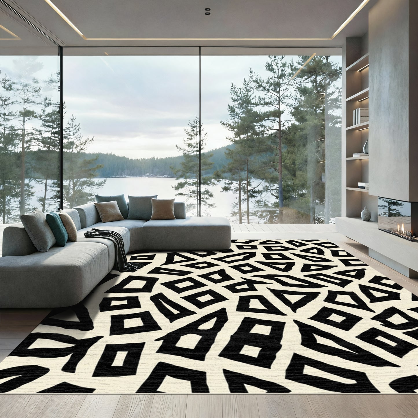 Abstract Black Cream Geometric Fragments Rug