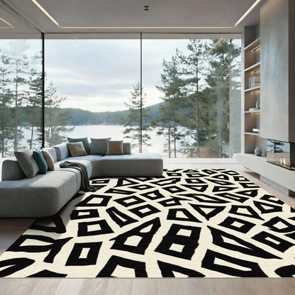 Abstract Black Cream Geometric Fragments Rug