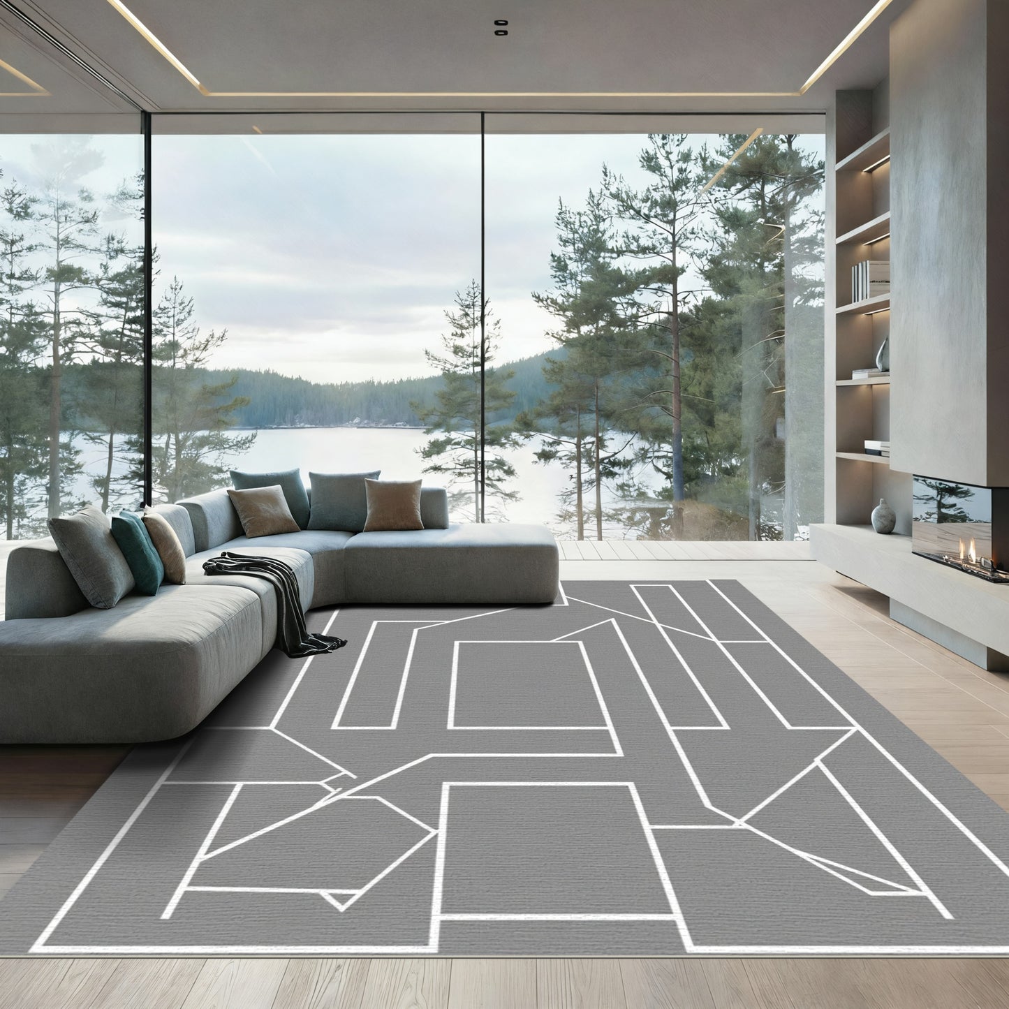 Modern Abstract White Geometric Line Art Rug