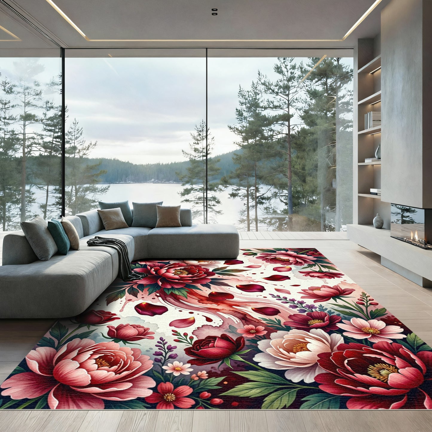 Crimson Peony Rose Floral Spray Rug