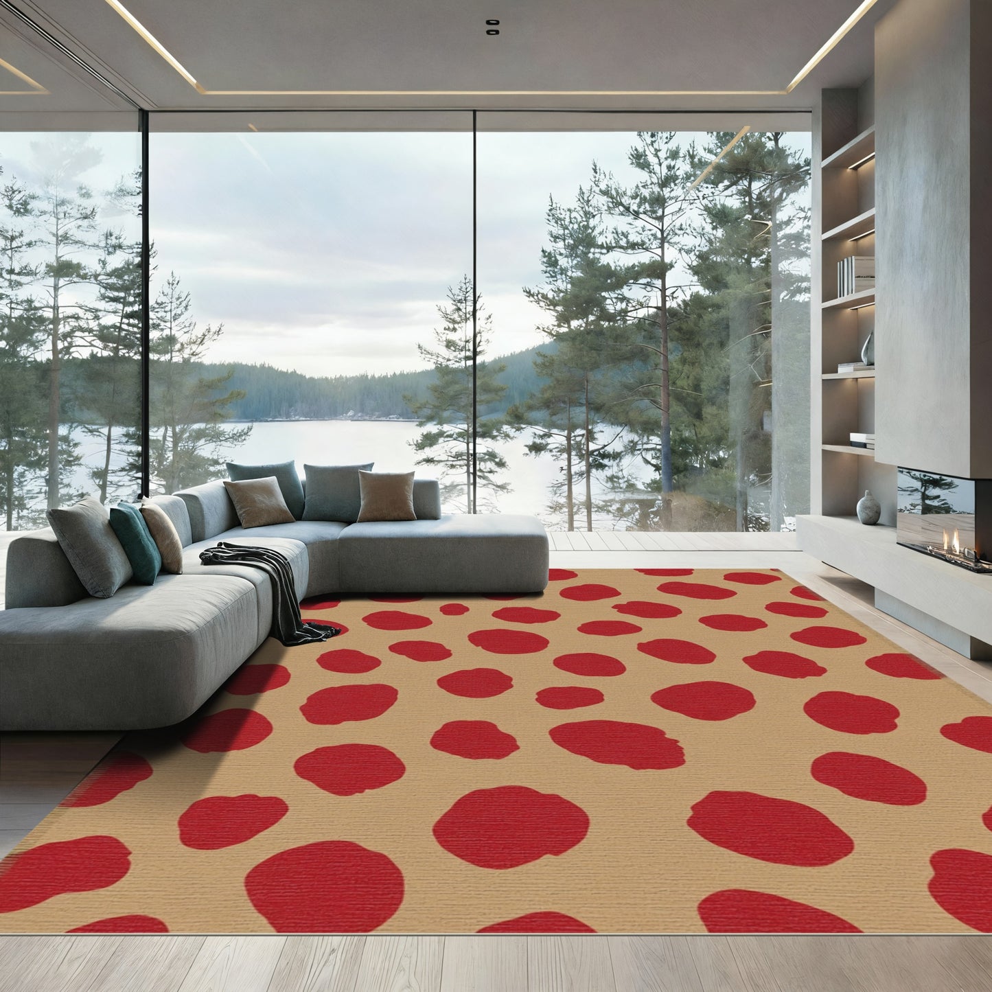 Red Organic Shapes Tan Rug