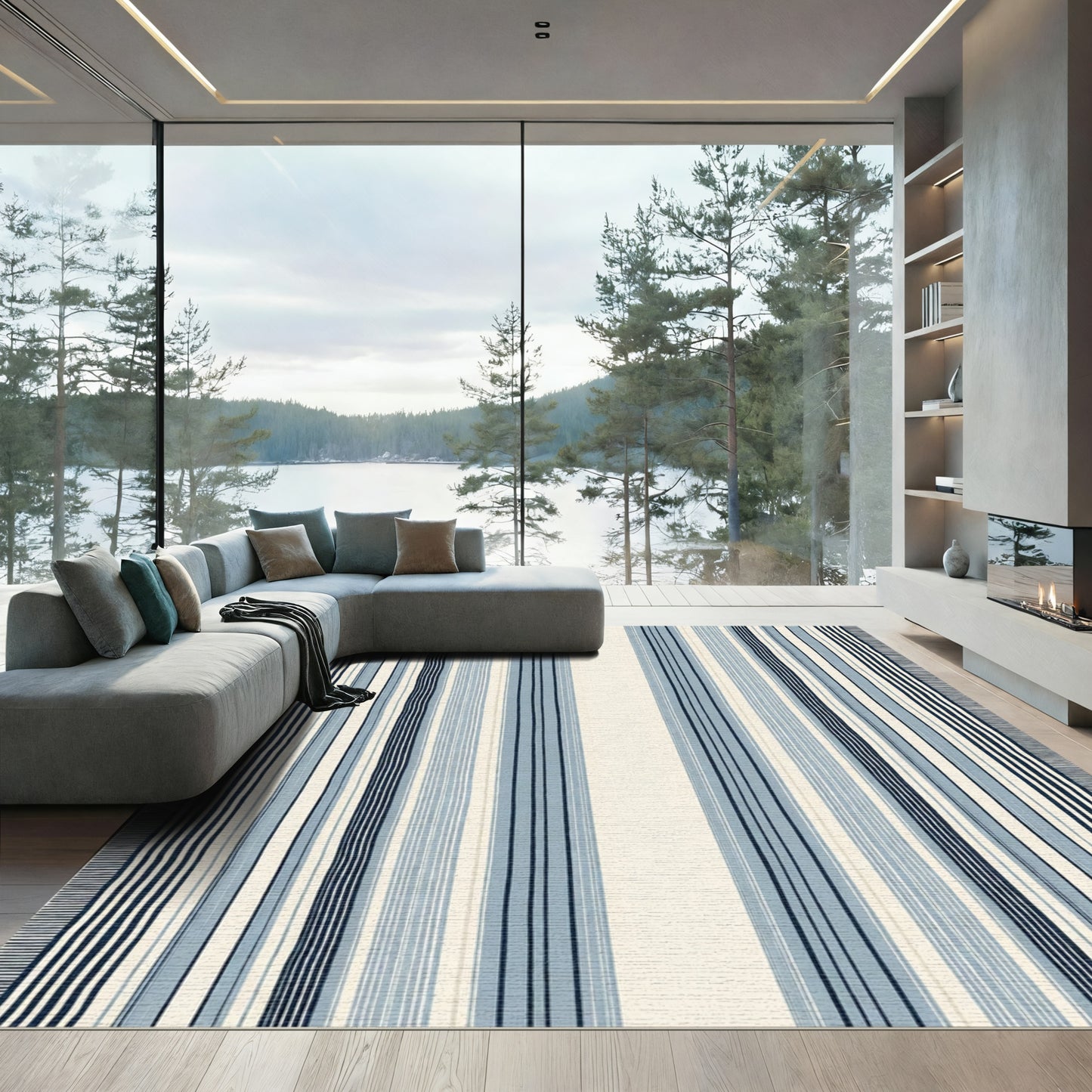 Crisp Blue Tonal Striped Vertical Rug