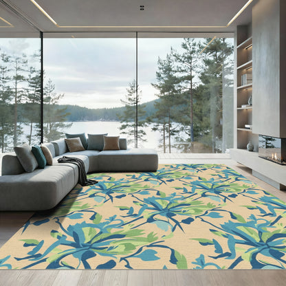 Blue Green Botanical Bloom Pattern Rug