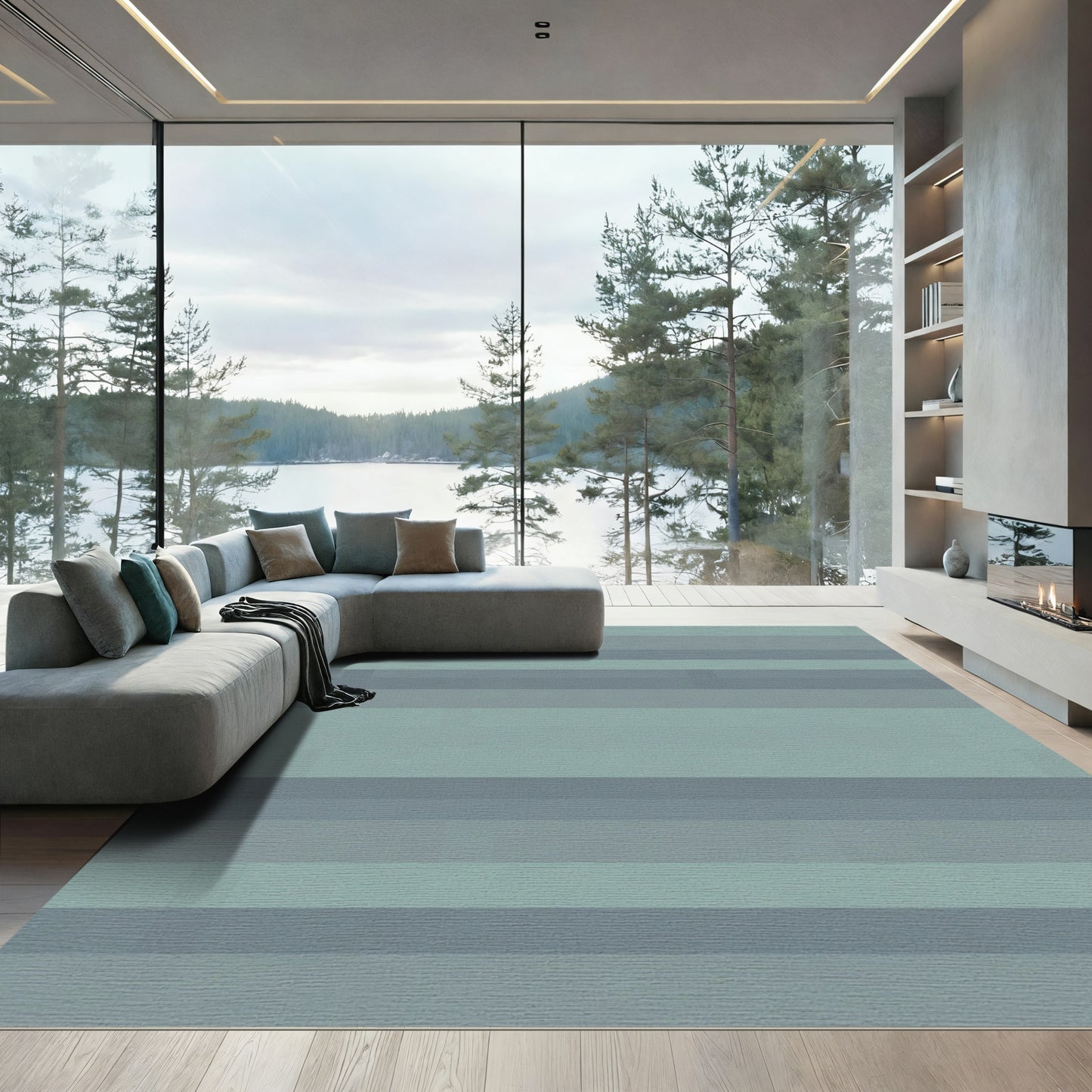 Serene Blue Gray Horizontal Stripes Rug