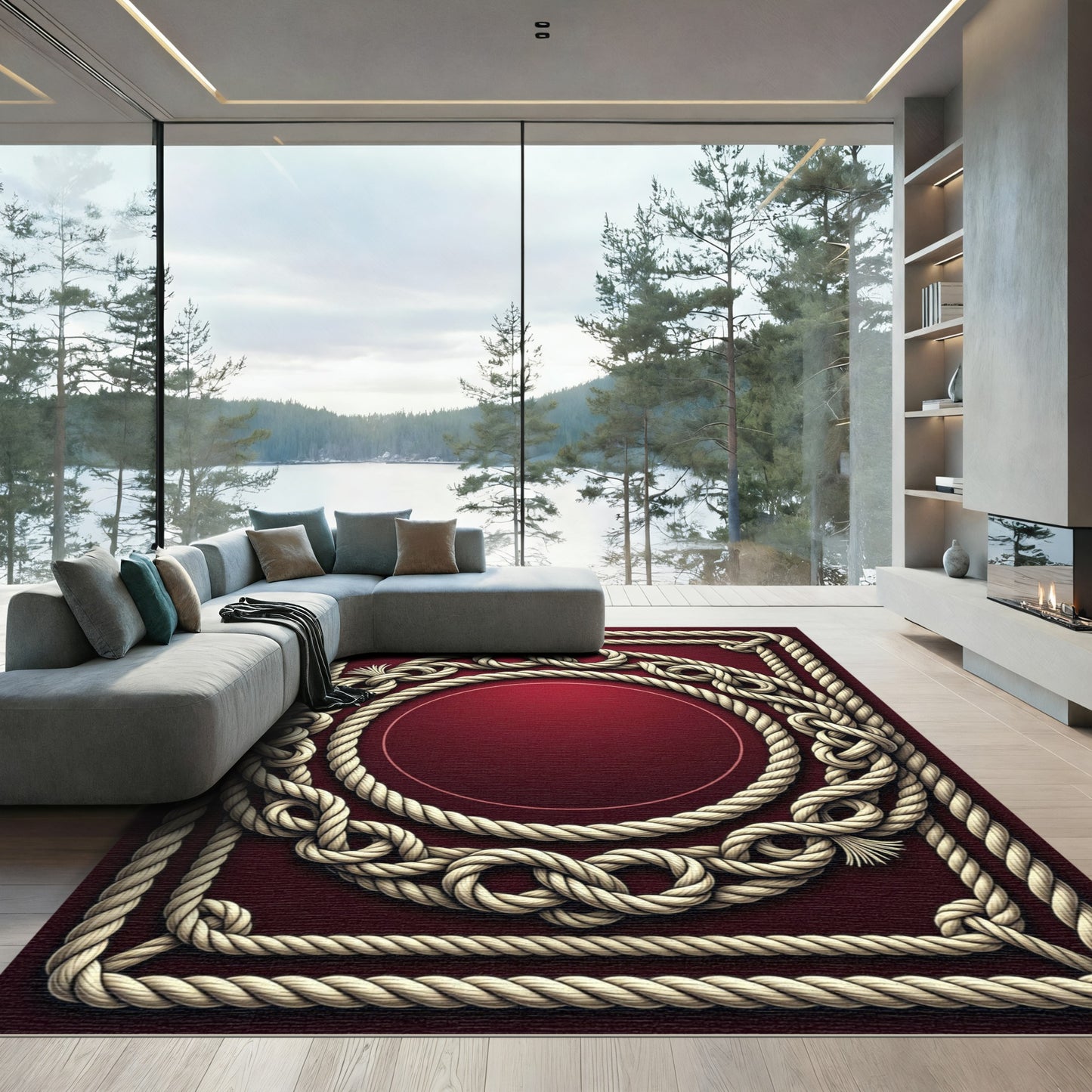 Crimson Nautical Rope Border Rug