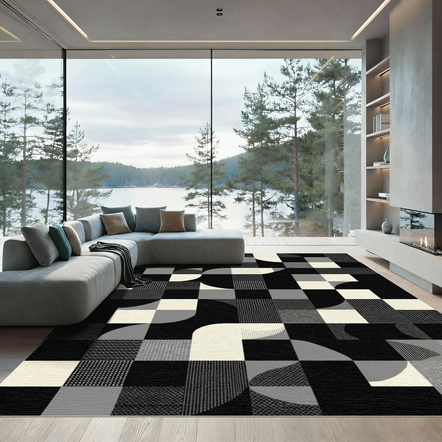 Monochrome Geometric Abstraction Tile Rug