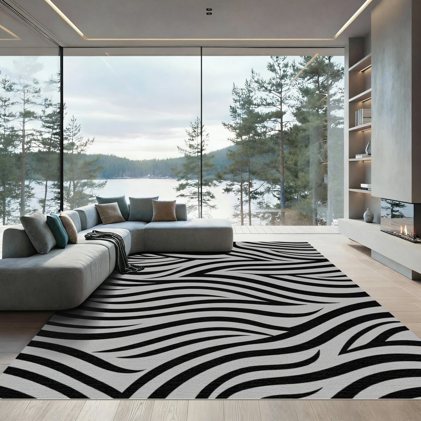 Modern Black Gray Abstract Waves Rug