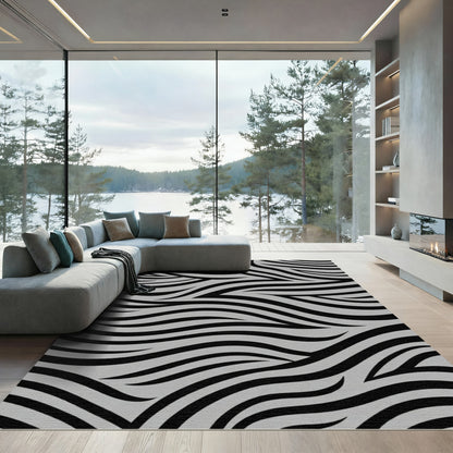 Modern Black Gray Abstract Waves Rug