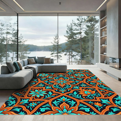 Orange Teal Floral Arabesque Harmony Rug