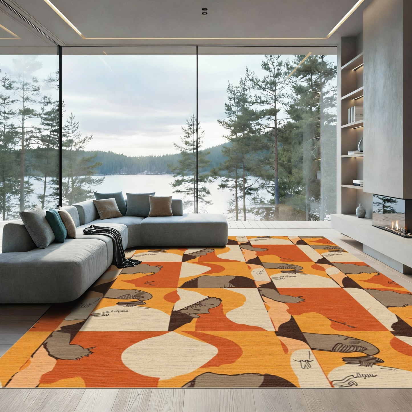 Retro Ochre Abstract Figure Mosaic Rug