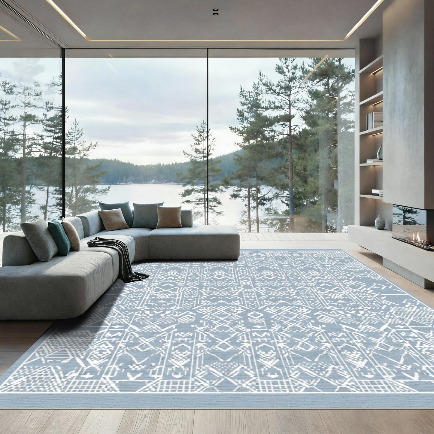 Cerulean White Geometric Tribal Medallion Rug