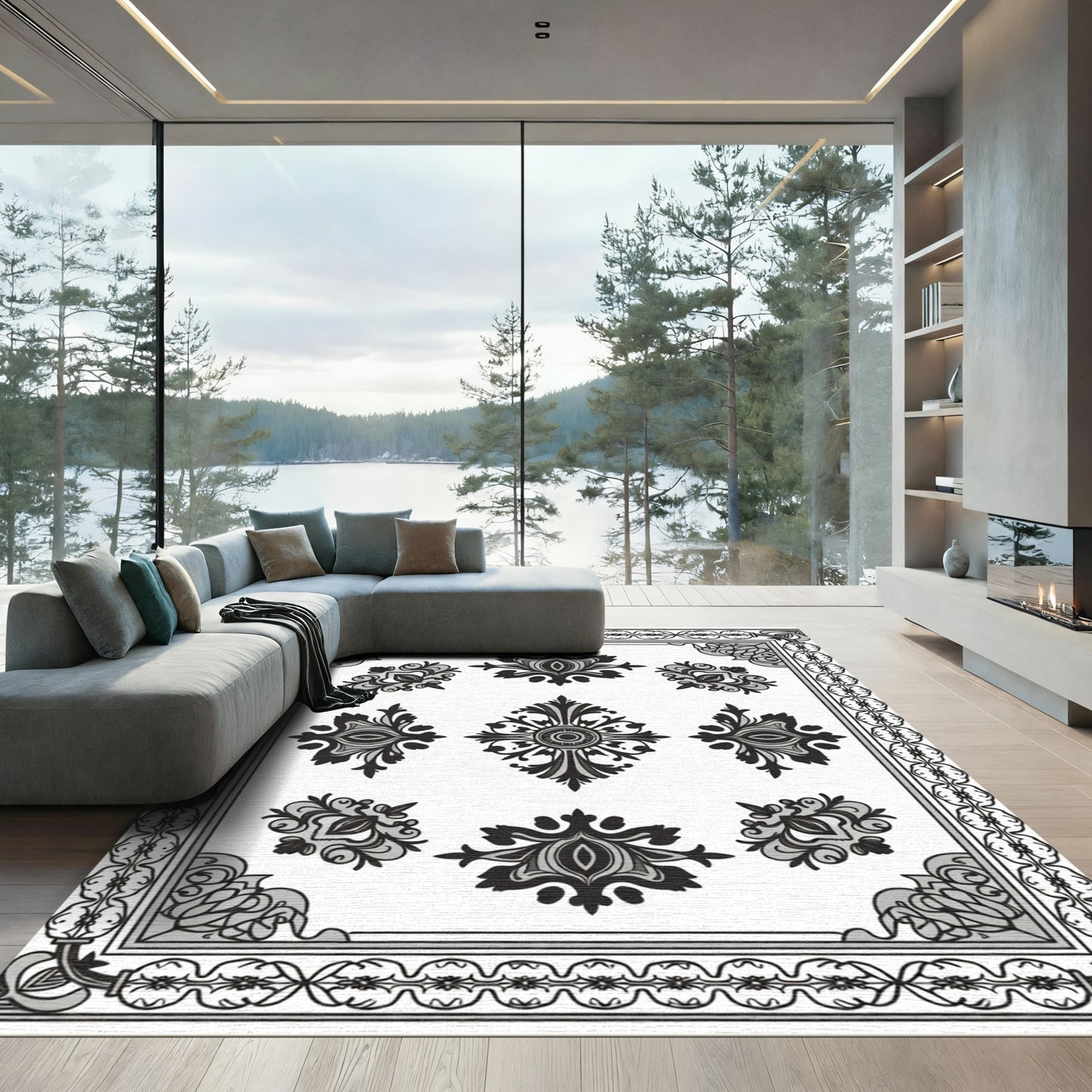 Ornate Black White Garden Motif Rug