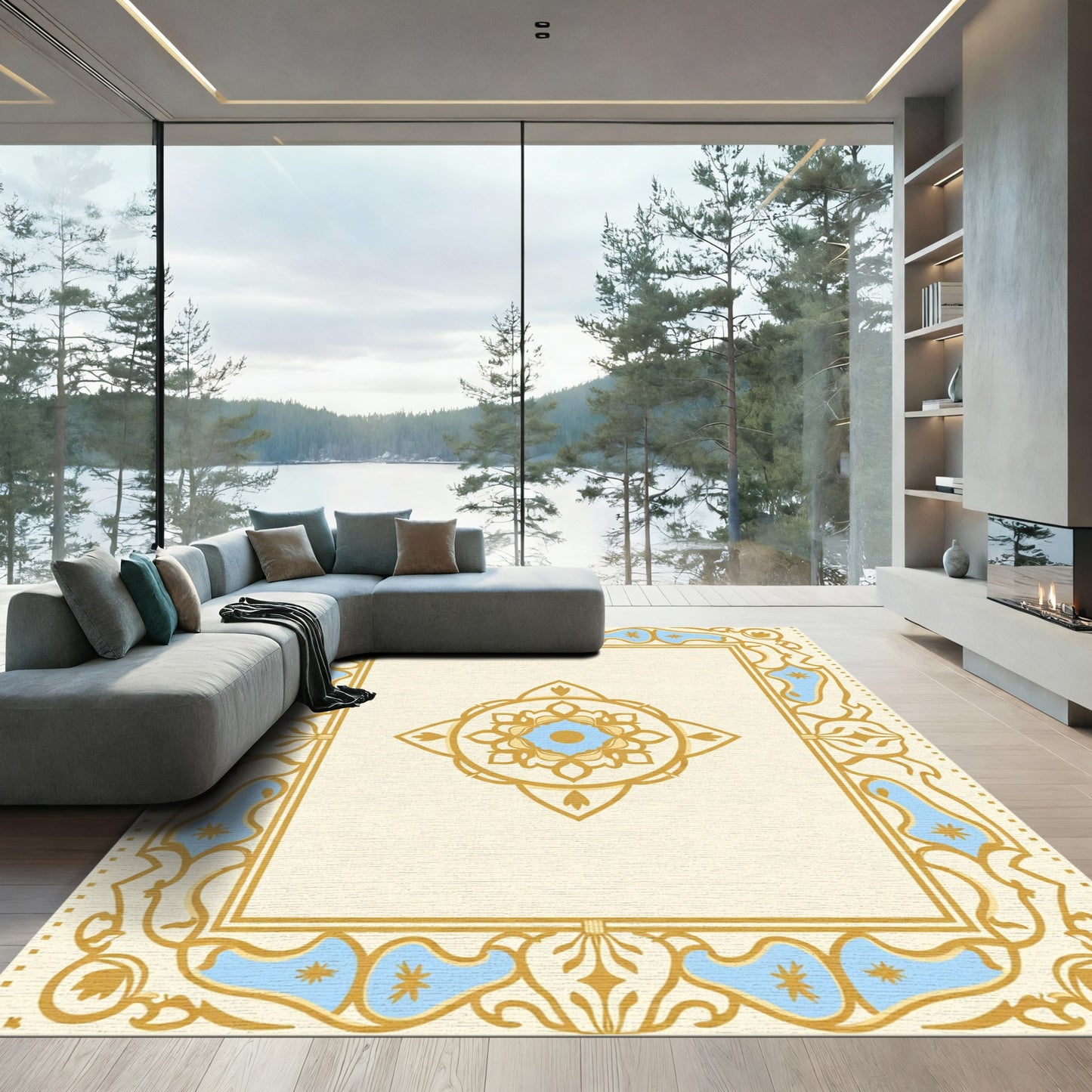 Gold Blue Floral Lattice Center Rug