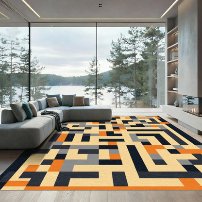Geometric Maze Orange Gray Scheme Rug