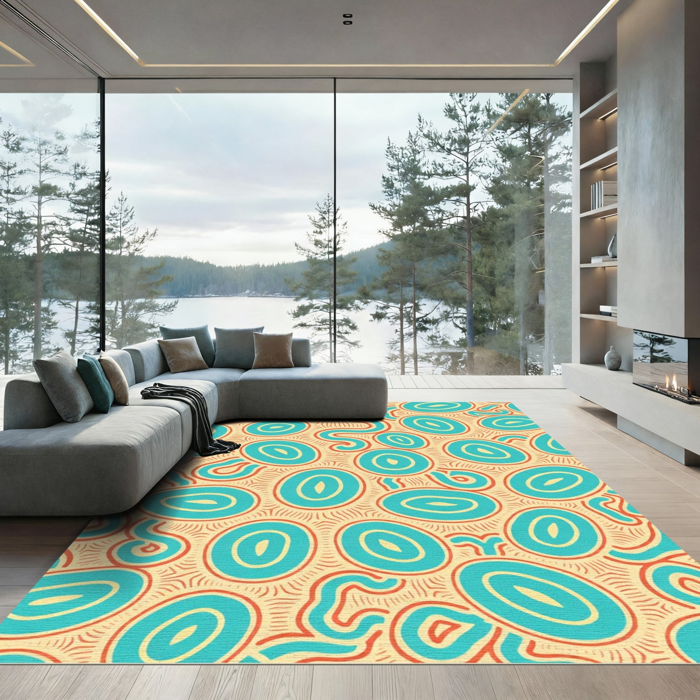 Teal Oval Swirl Amber Abstract Rug
