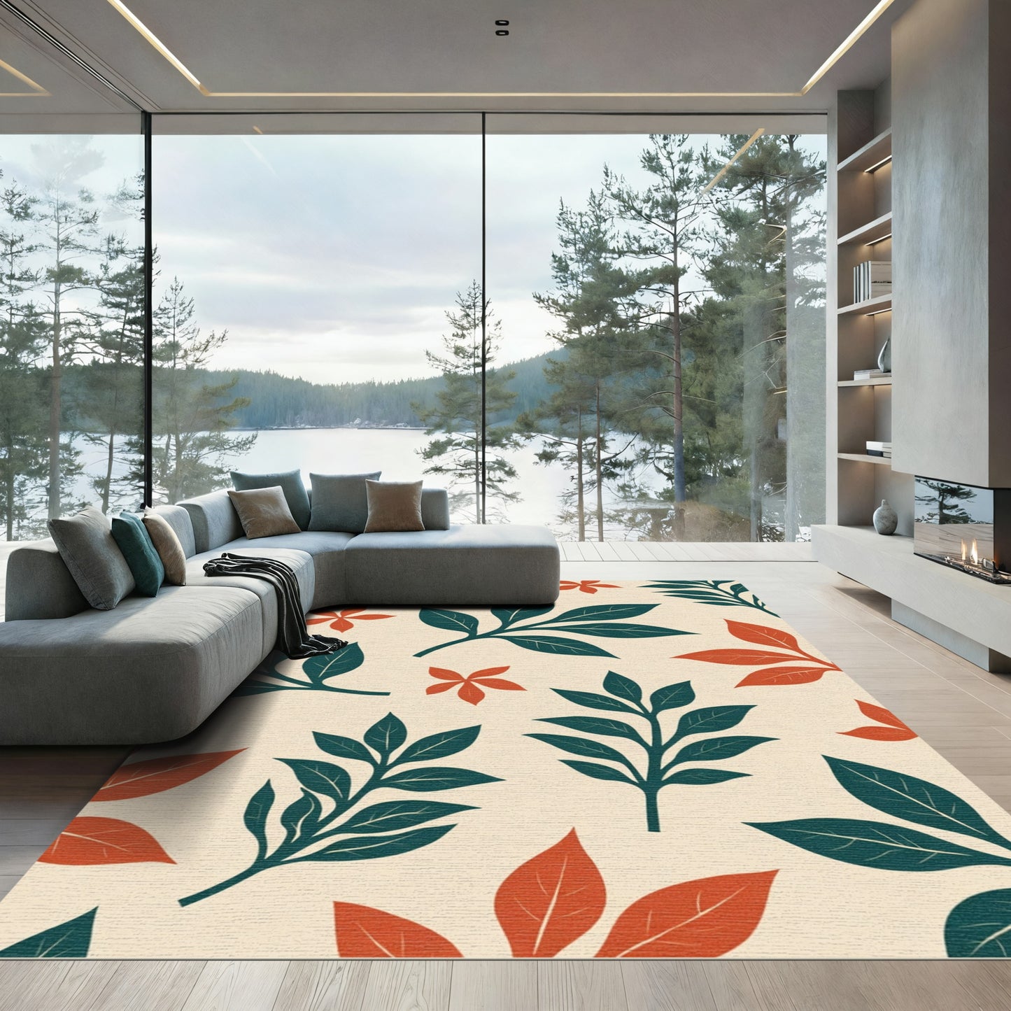 Teal Orange Foliage Mid Century Modern Rug